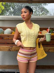 Sunnyshic 女士优雅时尚百搭新款黄色V领麻花针织可爱毛衣背心，春夏款 - 黃色 - 查看 5