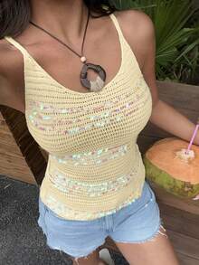 Sunnyshic Women's Yellow Sequin Camisole, Shiny Knit Spaghetti Strap, Sexy & Fashionable For Summer, Spring, Lazy Vacation, Beach Wear, Lightweight & Sheer - Yellow - View 1