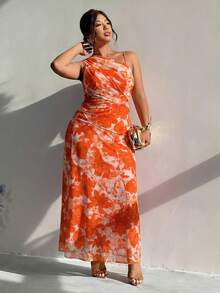 Firerie Đầm nữ cỡ lớn thanh lịch, tối giản, thời trang cơ bản, phù hợp cho công sở, đi làm, lễ hội âm nhạc, kỳ nghỉ biển, đầm ôm sát không tay cổ lệch xếp ly xuyên thấu. - trái cam - Xem 4