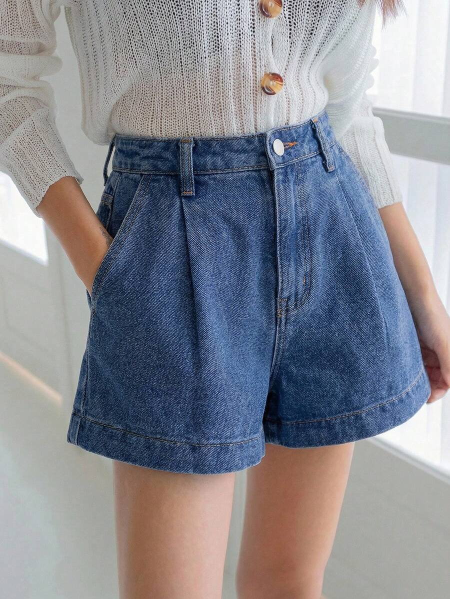 Teen Girl Summer Boho Casual High Waist Solid Washed Pleated Baggy Wide Leg Denim Shorts,Suitable For Travel And Gathering, Spring/Summer Preppy Aesthetic Denim,Summer Pleated,Casuals, Holiday,Summer Holiday,Spring,Valentines Day,Casual - Medium Wash - View 1
