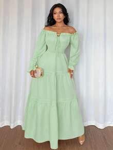 Elenzga 新款女士露肩泡泡袖前系蝴蝶结腰部荷叶边拼接A字连衣裙，休闲度假时尚青春日常百搭优雅长裙，适合春秋季穿着 - 薄荷綠 - 查看 6