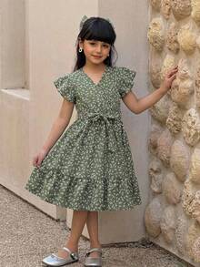 Emery Rose Kids Emery Rose Kids Abito casual con scollo a V e stampa floreale ditsy per ragazze giovani - Verde - Visualizzare 15