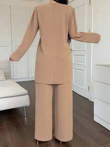 DAZY Women's Elegant Sequin Patchwork Asymmetric Hem Pullover Sweater And Wide Leg Pants 2 Pieces Set, Spring/Summer - Brown - View 6