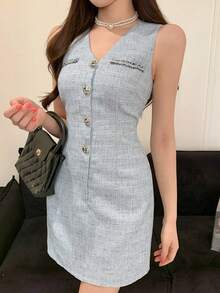 DAZY 女士V领金属纽扣无袖迷你连衣裙 夏季 - 藍色 - 查看 5