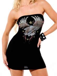 SUMWON WOMEN 黑色无肩带迷你连衣裙，饰有老鹰图案和星星细节，适合派对晚宴等场合。 - 黑色 - 查看 5