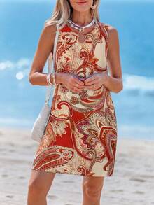 Sylviya Đầm chữ A không tay in họa tiết hoa retro, trang trí vòng kim loại, kiểu dáng thanh lịch, thích hợp cho kỳ nghỉ hè của nữ. - Đỏ - Xem 3