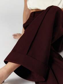 OverBlushhh Pantalon tailleur large à taille haute épais pour femmes, pantalon droit marron élégant, pour le travail de bureau, le printemps - Tabac - Voir 8