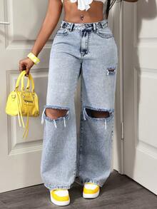 BamGleam Quần jeans ống rộng nữ có túi và cúc, kiểu dáng rách, thoải mái, đa năng, thích hợp mặc hàng ngày. - Rửa nhẹ - Xem 3