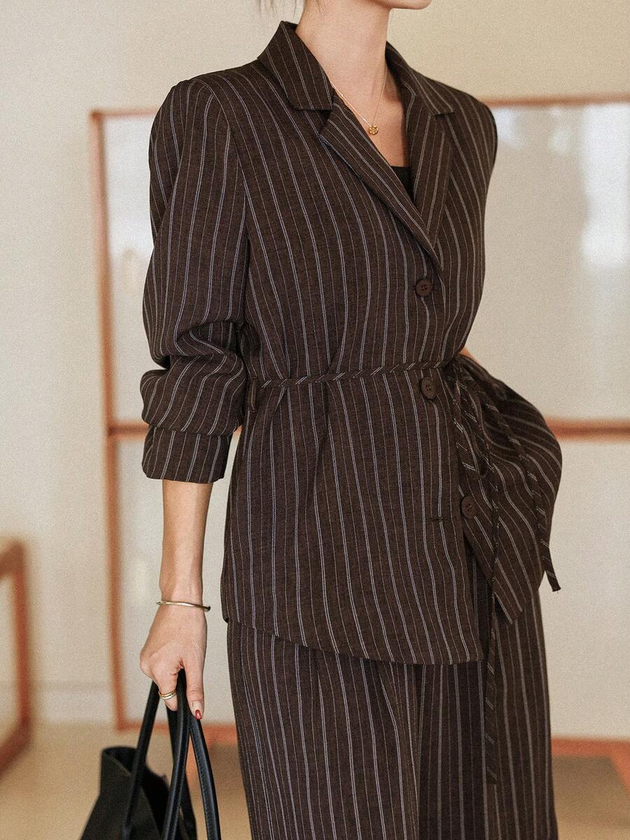 Dazy-Less Women's Striped Print Belted Long Sleeve Blazer And Pants Suit Set Business Casual Woman - Brown - View 1