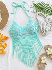 Soleia Top de punto sin espalda con cuello halter, dobladillo con flecos y decoración de lentejuelas para vacaciones en la playa - Azul menta - Ver 1