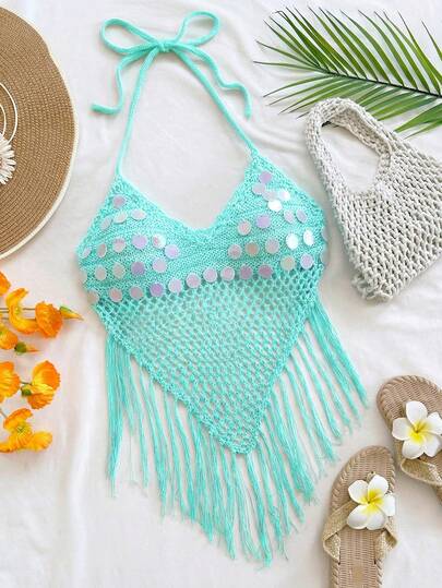 Soleia Áo dệt kim hở lưng cổ yếm đính sequin và tua rua viền ren, thích hợp cho kỳ nghỉ ở bãi biển.