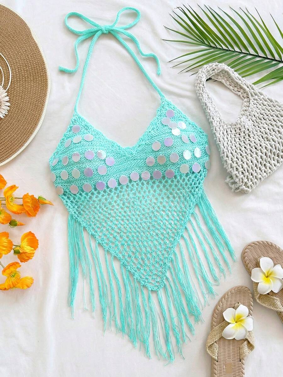 Soleia Top de punto sin espalda con cuello halter, dobladillo con flecos y decoración de lentejuelas para vacaciones en la playa - Azul menta - Ver 1