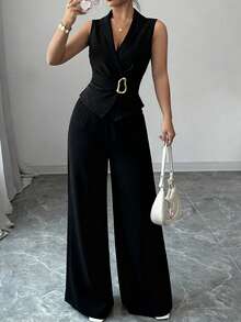 Selianne 法式复古无袖V领露脐上衣和裤子两件套 - 黑色 - 查看 1