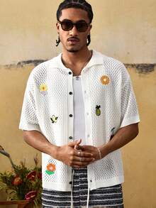 ROMWE MEN Street Life Men's Summer Casual Vacation Style Embroidered Mesh Hollow Knit Top - White - View 4