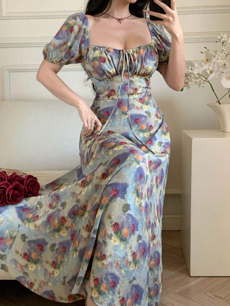 Women's Floral Pattern Sweetheart Neck Petal Sleeve Elegant Dress Sundress Summer Boho