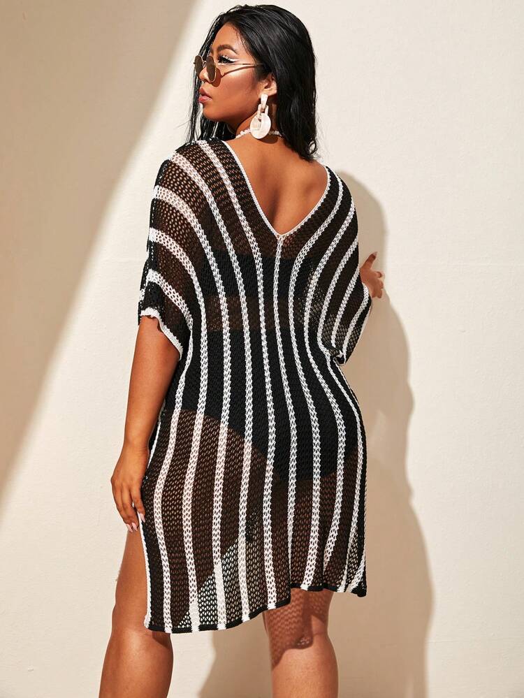 Plus Size Women's Patchwork V-Neck Striped Split Shoulder Knitted Mid-Long Casual Loose Beachwear Cover Up, Suitable For Summer Beach