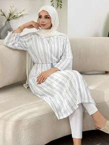 DAZY 度假风条纹V领插肩袖宽松中长款流苏收腰女士睡裙 - 白色 - 查看 4