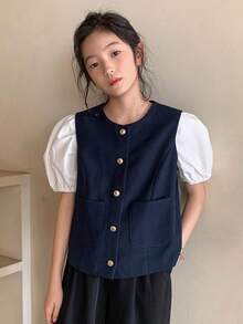DAZY Tween Girls Casual Solid Color Round Neck Sleeveless Fitted Jacket, Spring/Summer - Navy Blue - View 3