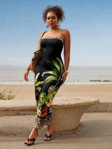 Travachic 大码女式热带印花无肩带连衣裙，弹力针织长裙，假日海岛风连衣裙 - 黑色 - 查看 6