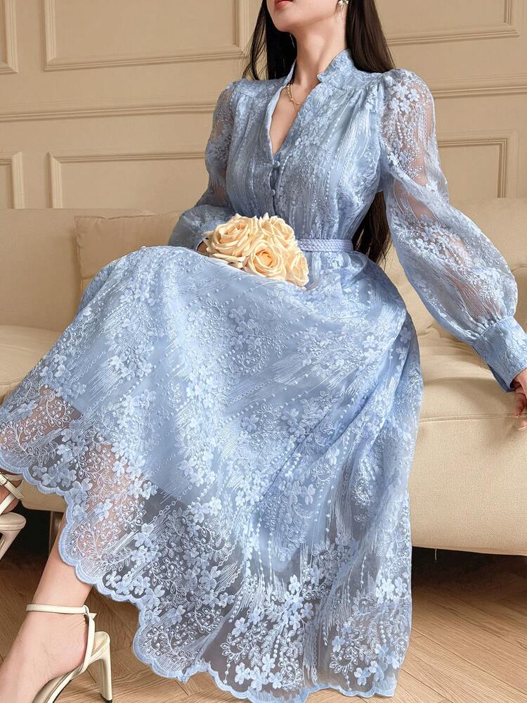 Women's Elegant Lace Petal Sleeve Belted Mid-Length Dress, Spring/Summer Sundress