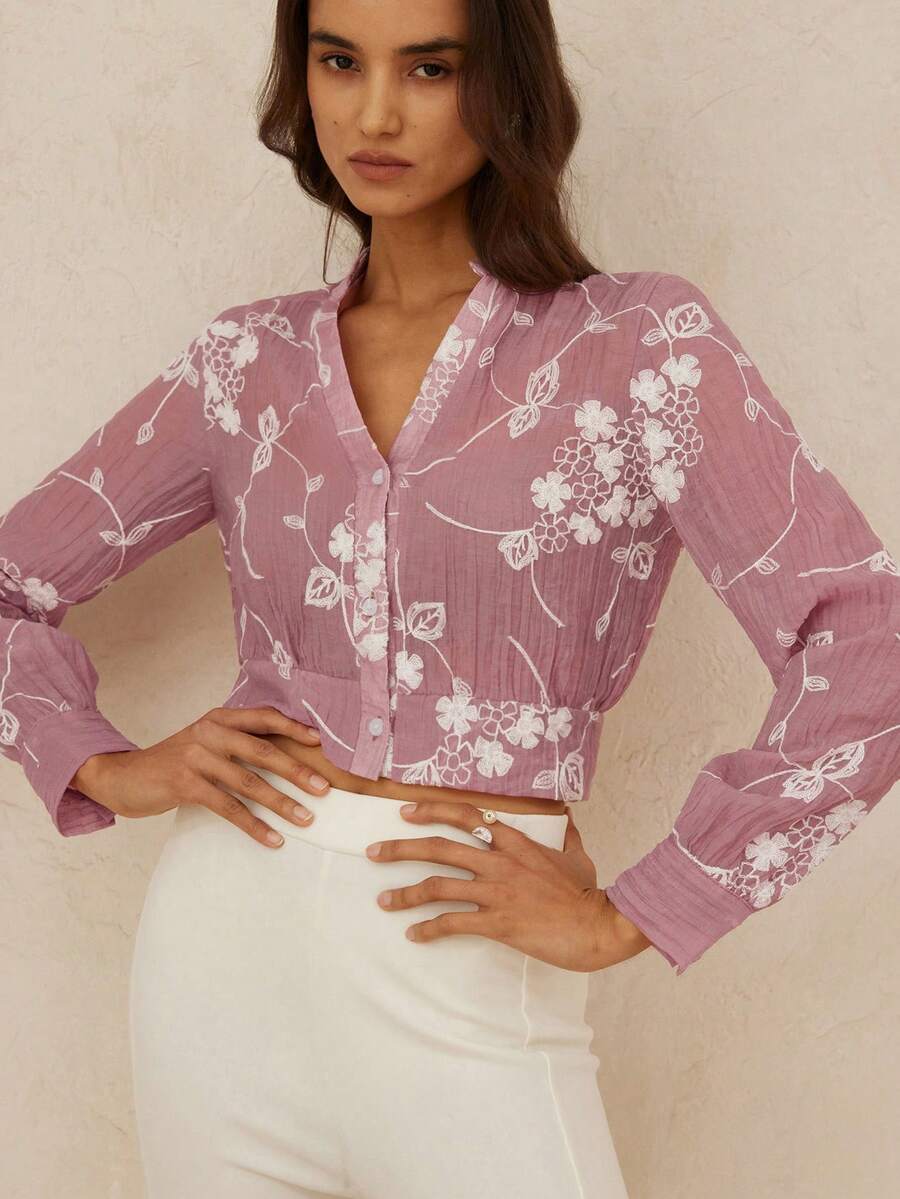 Aveloria Rosie Minimalist Elegant Versatile Daily Commute Refined Texture Laser Embroidery Fabric Small Stand Collar Short Waist Long Sleeve Blouse For Women - Pink - View 1