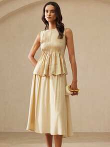 Zanirela Elegante conjunto de 2 piezas para mujer para vacaciones y uso diario, top acolchado sin mangas de diseño vintage con cintura recogida y dobladillo ancho, combinado con falda acampanada de cintura elástica - Amarillo claro - Ver 3