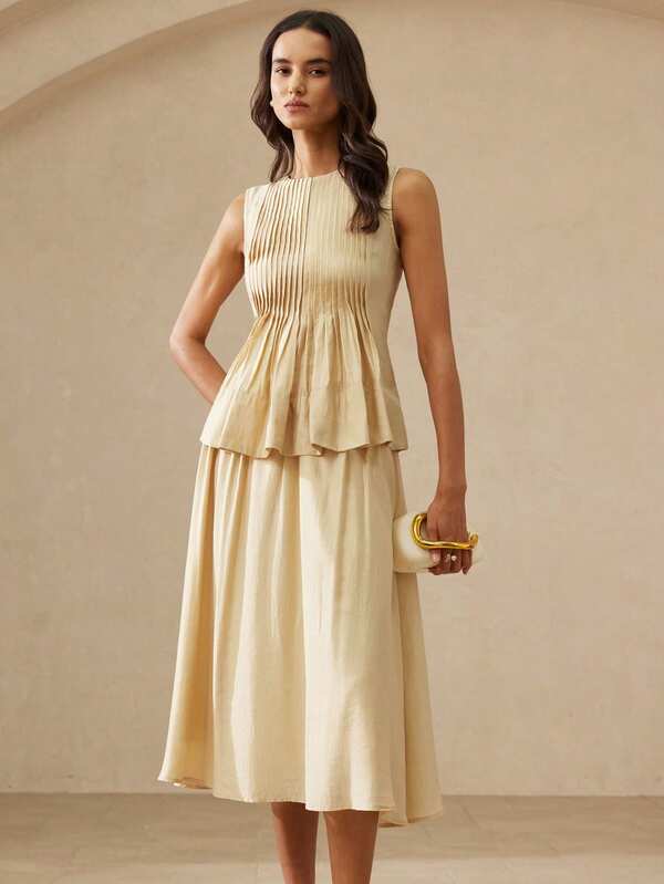 Aveloria Rosie 优雅女士度假及日常穿着，复古设计绗缝无袖上衣，腰部收褶，下摆宽大，搭配松紧腰喇叭裙，两件套