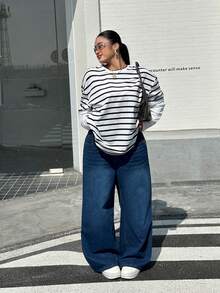 Muchica 大码女式条纹圆领休闲宽松长袖T恤 - 黑與白 - 查看 6