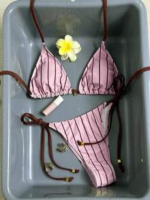 Swim Mod 女士甜美几何条纹撞色度假泳衣，泳装套装 - 彩色 - 查看 3