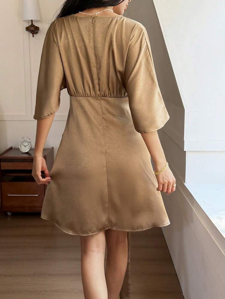 Solid Color Loose Waist Tie Oblique Collar Flare Sleeve Asymmetrical Ruffle Hem Elegant Summer Vacation Mini Dress For Women