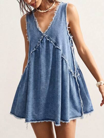 Bohemela Plus Size Solid Color Minimalist Sleeveless Denim Dress Vacation Dress  Casual Dresses For Women  Casual Dress Valentine's Day Dress Summer Dress