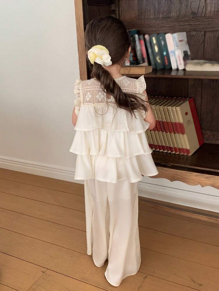 Young Girl Summer Casual Solid Color Ruffle Sleeveless Shirt And Pants Set