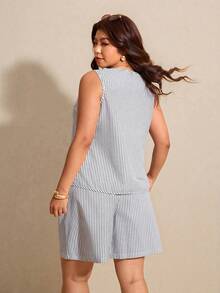 Elaquor 大码女式条纹单排扣背心和短裤休闲宽松两件套 - 黑與白 - 查看 2