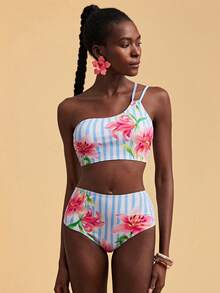 Travachic Conjunto de traje de baño con estampado floral y de rayas para mujer, ideal para vacaciones y playa - Multicolor - Ver 3