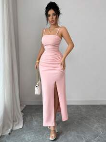 Elenzga Nuevo vestido elegante y sexy para mujeres con diseño de cuentas, tirantes finos, textura de punto y fruncido, con abertura, para citas y uso casual - Rosa - Ver 8