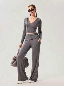 OutZeal Women Sports Hoodies Daily Casual Soft Stretch V Neck Hooded Cropped Tops - Grey - View 8