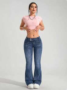 SHEIN 女士时尚休闲哥特暗黑风弹力低腰喇叭牛仔裤 - 深色水洗藍 - 查看 6