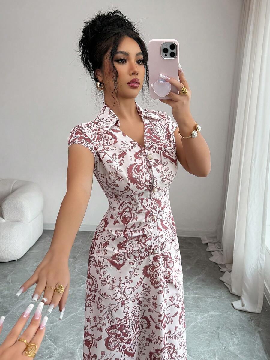 Elenzga Women's White Floral Elegant Summer Tea Party Retro Ruched Waist Fitted A-Line Mini Dress,Suitable For Gatherings,Dates,Parties,Work & Business - Multicolor - View 1