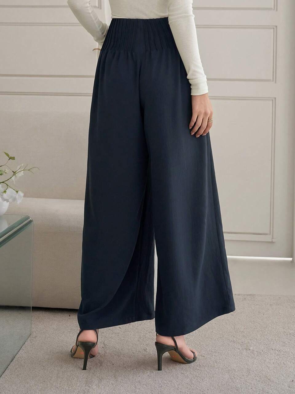 Women's Solid Color Pleated Loose Wide Leg Pants, Elegant Girlisim Autumn Holiday Business Casual Woman Golf Pastal