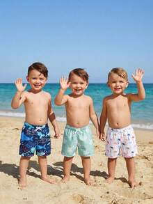 Young Boy Animal Print Drawstring Waist Beach Shorts - Multicolor - View 6