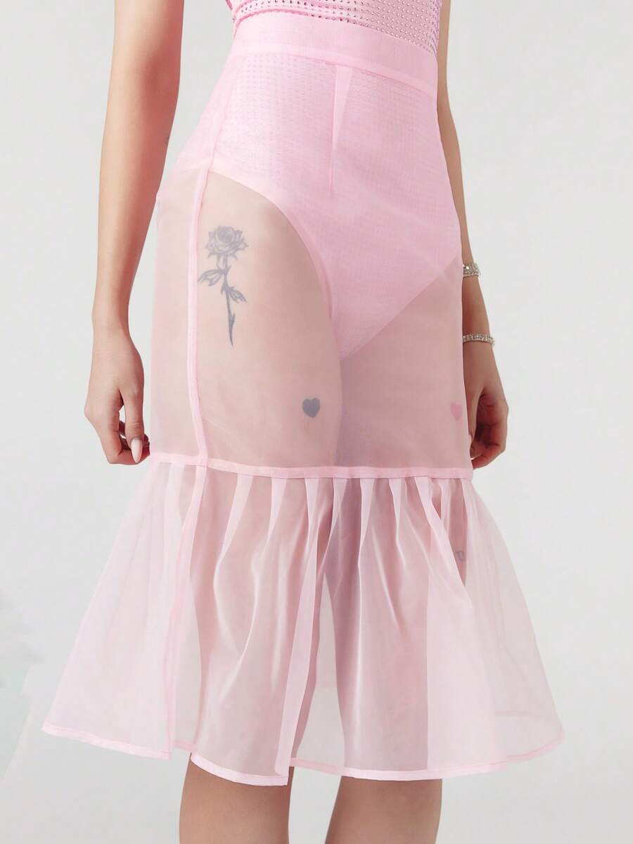 OverBlushhh 女士粉色薄纱中长半身裙，修身褶裥荷叶边裙摆，百搭日常穿着，透视效果，适合派对、生日、婚礼宾客、约会、春季、夏季等场合。 - 粉色 - 查看 1