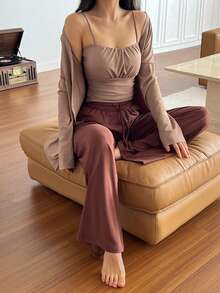 DAZY 3pcs Set Minimalist Knit Cardigan, Pleated Camisole, Loose Pants Women Pajama Set - Coffee Brown - View 3
