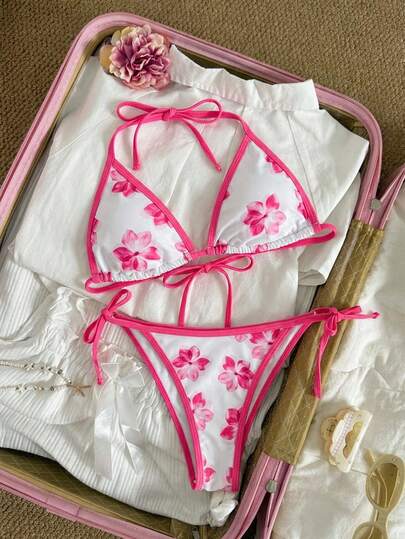 SHEIN MOD 2pcs/Set Women Floral Print Halter Backless Bikini Swimsuit, Pink Trim, Suitable For Swimming, Leisure, Cute & Elegant, Summer, Beach Vacation Outfits For Women, Holiday Outfits, Cute Bikini