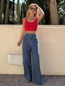 DAZY Women's Pocket Button Casual Versatile Daily Wear Wide Leg Jeans - Blue - View 3