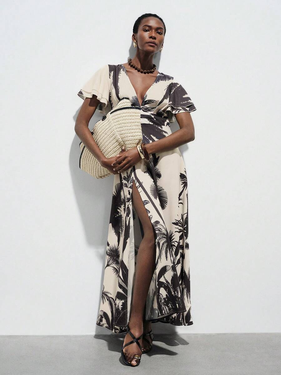 Aveloria Modichic New Fashion V-Neck Coconut Tree Double-Layer Cap Sleeve Stretch Coconut Tree Print Dress - Multicolor - View 1