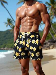 Manfinity Swimmode Quần short nam dáng casual, in họa tiết hoa, có dây rút, thích hợp mặc đi biển. - màu đen - Xem 2