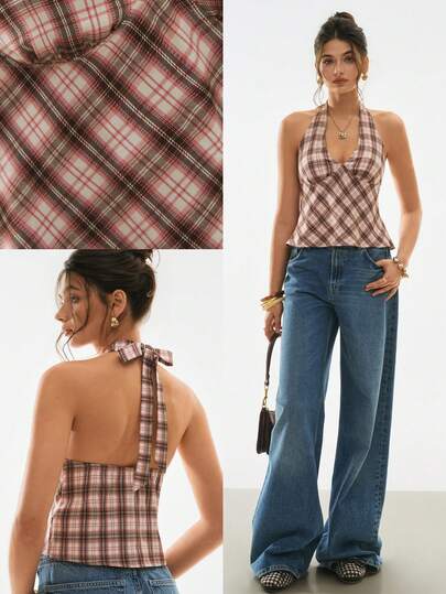 Poéselle Áo nữ kẻ caro cổ yếm buộc dây, kiểu dáng thường ngày đa năng.