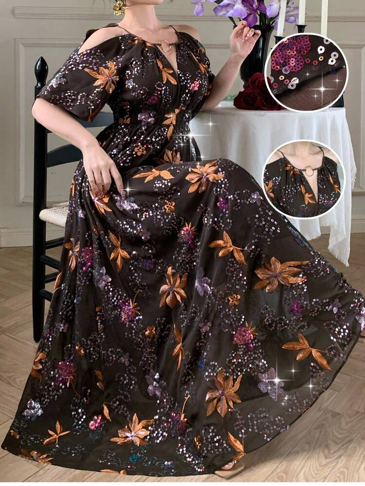 Spring & Summer Sleeveless Dress With Hollow Metal Buckle Decor, Ditsy Floral Chiffon Midi Dress, Elegant For Valentine's Day, Wedding, Party, Casual, Work Sundress Boho