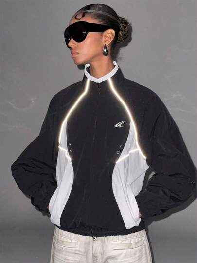 LYSMO 2026新款极简主义春夏女装撞色长袖拉链休闲宽松外套/夏季/春季女装/春假/女士生日/女士外出外套/女士度假/Y2K/2000年代风格/狂欢节/狂欢节服装/2026狂欢节女士造型/女士狂欢节服装/女士健身服