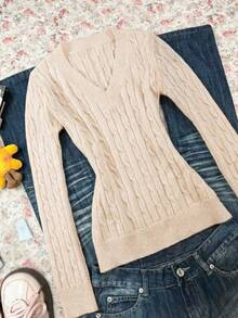 Glimmora Grey Slim Fit V-Neck Cable Knit Top - Apricot - View 5